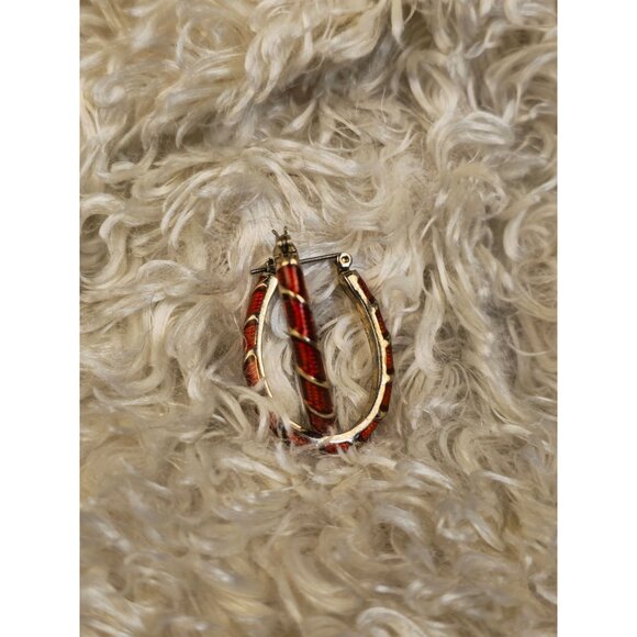 Pair of Gold Toned Hoop Earrings with Red Accent - Picture 5 of 8
